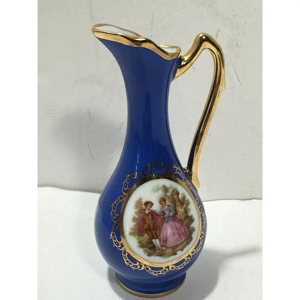 Limoges‎ France Blue Cobalt / Gold Miniature Pitcher vase W/ Courting Couple